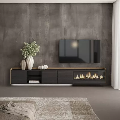 Meuble TV suspendu avec cheminée électrique et lumières LED