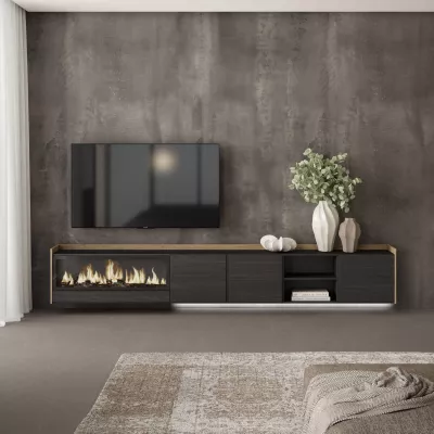 Mueble TV con chimenea eléctrica y luces LED suspendido