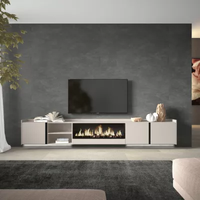 Mueble TV suspendido con chimenea eléctrica y luces LED