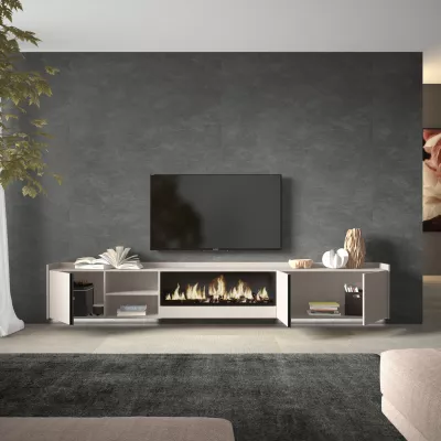 Mueble TV suspendido con chimenea eléctrica y luces LED