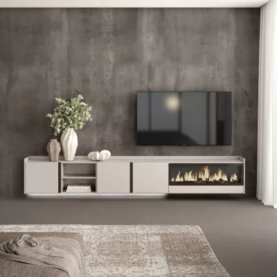 Meuble TV suspendu avec cheminée électrique et lumières LED