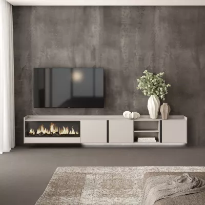 Mueble TV suspendido con chimenea eléctrica y luces LED