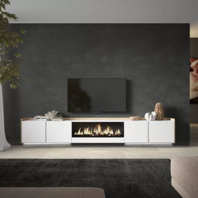 Mueble TV suspendido con chimenea eléctrica y luces LED