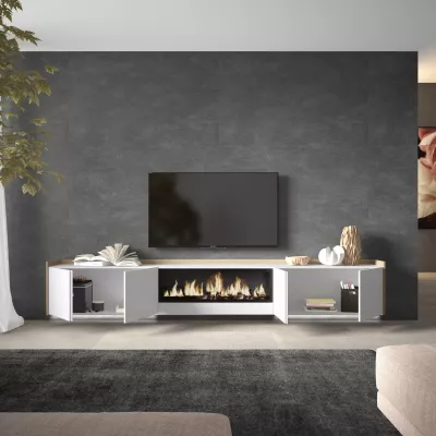 Mueble TV suspendido con chimenea eléctrica y luces LED