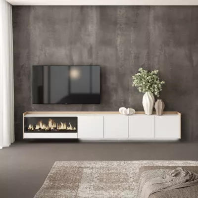 Mueble TV suspendido con chimenea eléctrica y luces LED