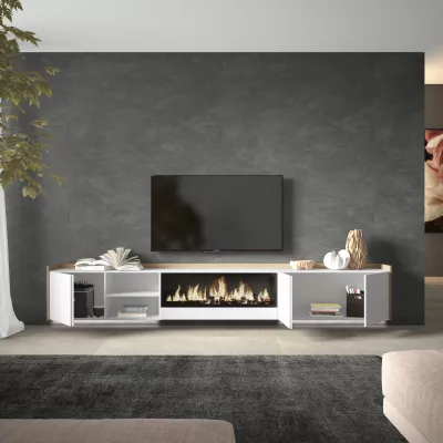 Mueble TV con chimenea eléctrica y luces LED y suspendido
