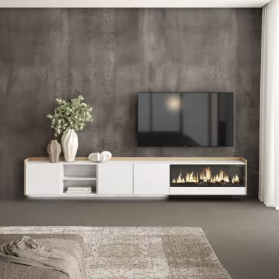 Mueble TV con chimenea eléctrica y luces LED y suspendido
