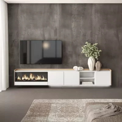 Mueble TV con chimenea eléctrica y luces LED y suspendido