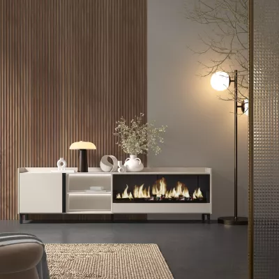 Mueble TV con chimenea eléctrica y luces LED diseño industrial