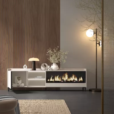 Mueble TV con chimenea eléctrica y luces LED diseño industrial