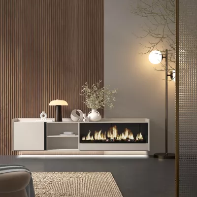 Meuble TV suspendu avec cheminée électrique et lumières LED