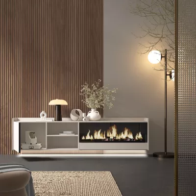 Meuble TV suspendu avec cheminée électrique et lumières LED
