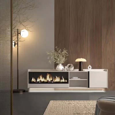 Mueble TV suspendido con chimenea eléctrica y luces LED