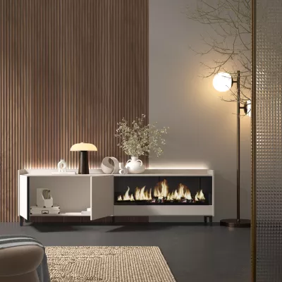 Meuble TV avec cheminée électrique et lumières LED style industriel