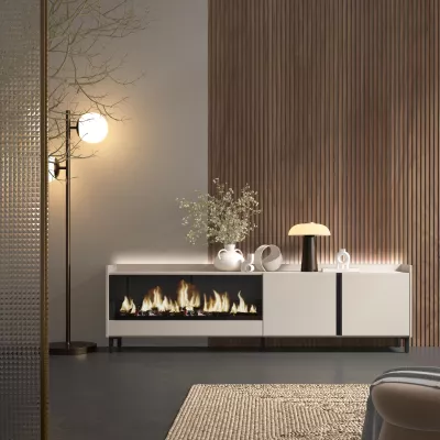 Meuble TV avec cheminée électrique et lumières LED style industriel