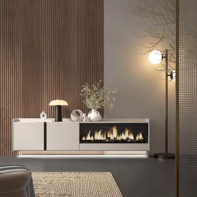 Meuble TV suspendu avec cheminée électrique et lumières LED