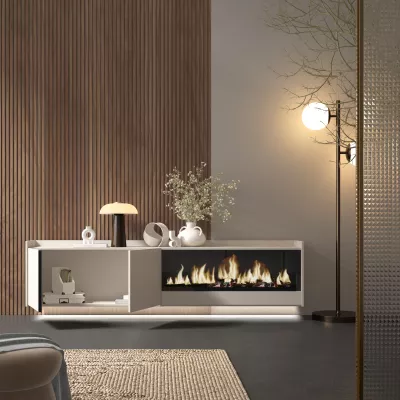 Meuble TV suspendu avec cheminée électrique et lumières LED