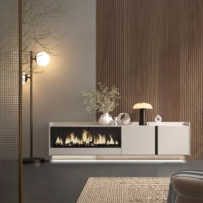 Meuble TV suspendu avec cheminée électrique et lumières LED