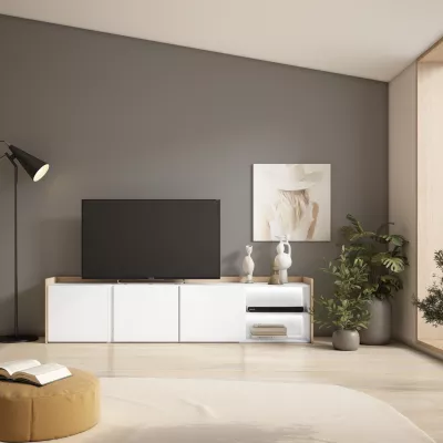Mueble TV con luces LED claro | Blanco y roble