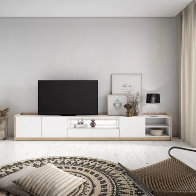 Meuble TV avec lumières LED en clair | blanc et chêne