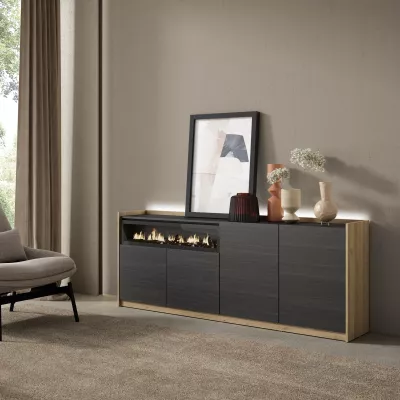 Aparador con chimenea y LED negro/roble 207x37x80cm