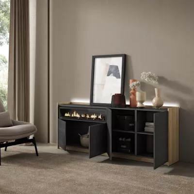 Aparador con chimenea y LED negro/roble 207x37x80cm