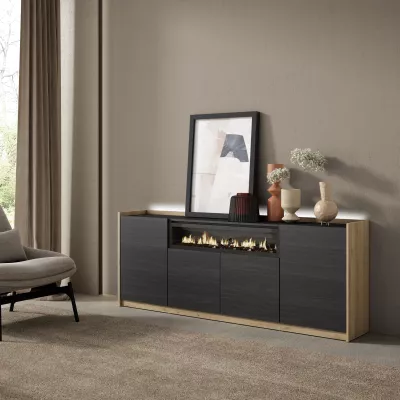 Aparador con chimenea y LED negro/roble 207x37x80cm