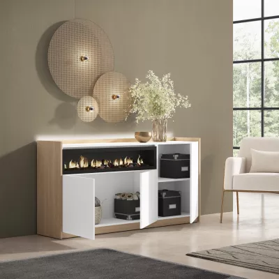 Aparador chimenea eléctrica+LED blanco/roble 156x37x80cm