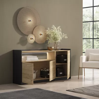 Aparador LED 3 puertas roble y negro 156x37x80cm
