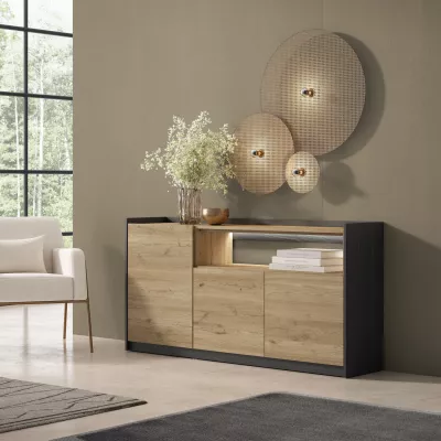 Aparador LED 3 puertas roble y negro 156x37x80cm
