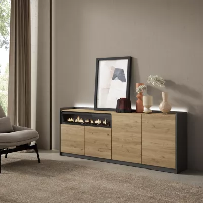 Aparador con chimenea LED roble y negro 207x37x80cm