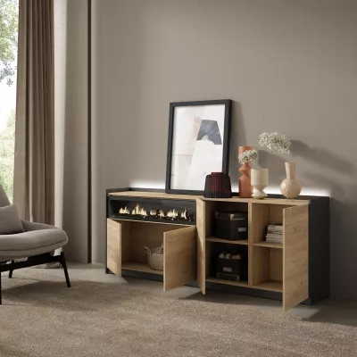 Aparador con chimenea LED roble y negro 207x37x80cm