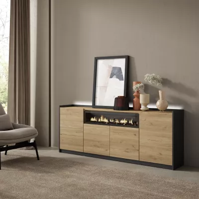 Aparador con chimenea LED roble y negro 207x37x80cm