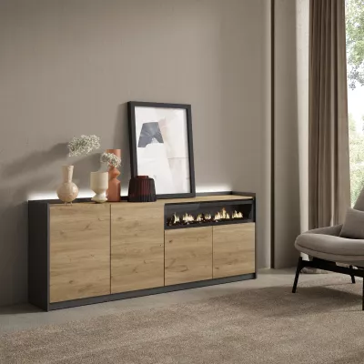 Aparador con chimenea LED roble y negro 207x37x80cm