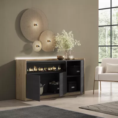 Aparador con chimenea y LED negro/roble 156x37x80cm